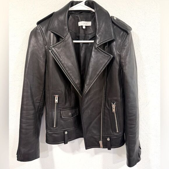 IRO Dumont Motorcycle Ruffle Jacket, Lamb Leather, Black, Size 34 (XS) - Picture 1 of 4